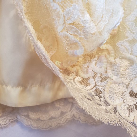Vtg Yellow Stripe Lace Mesh Tulle Sheer Floral Applique Sequin Midi Maxi Skirt M - Picture 7 of 16